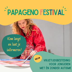 Uitnodiging voor het Papageno Festival op 12 november van 15.00 tot 18.00 uur. Op de foto zijn jongeren samen bezig met muziek, dans en creativiteit. Tijdens het festival kun je kennismaken met activiteiten rond muziek, koken, dansen, sporten, creativitei